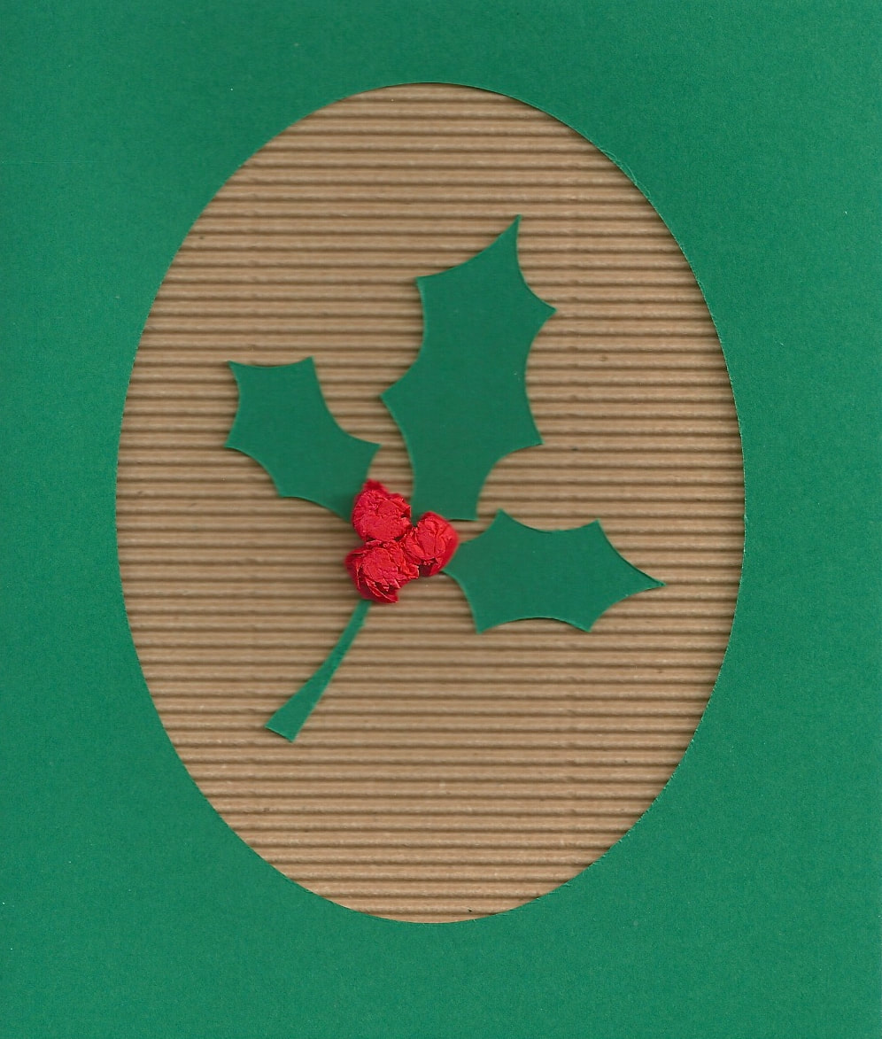 Scan of a green card with an oval cut out to reveal a corrugated cardboard backing.  On the corrogated card is a sprig of green holly leaves and three red berries.