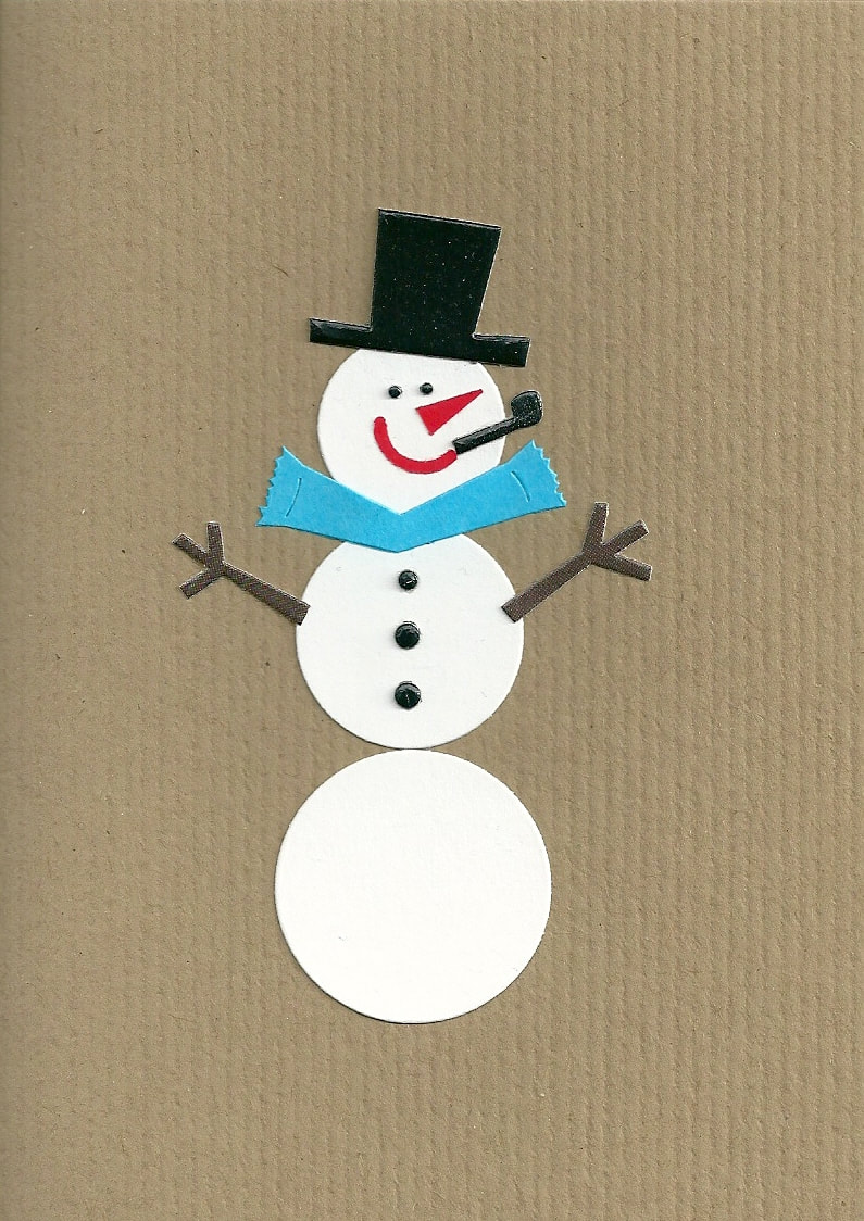 Scan of a buff-coloured card with a snowman on it, made from individual pieces of card.  He wears a black top hat and a blue scarf.  He has a pointy red nose, a big red smile, a black pipe, small black eyes and three black dots for buttons.  His arms look like twigs.