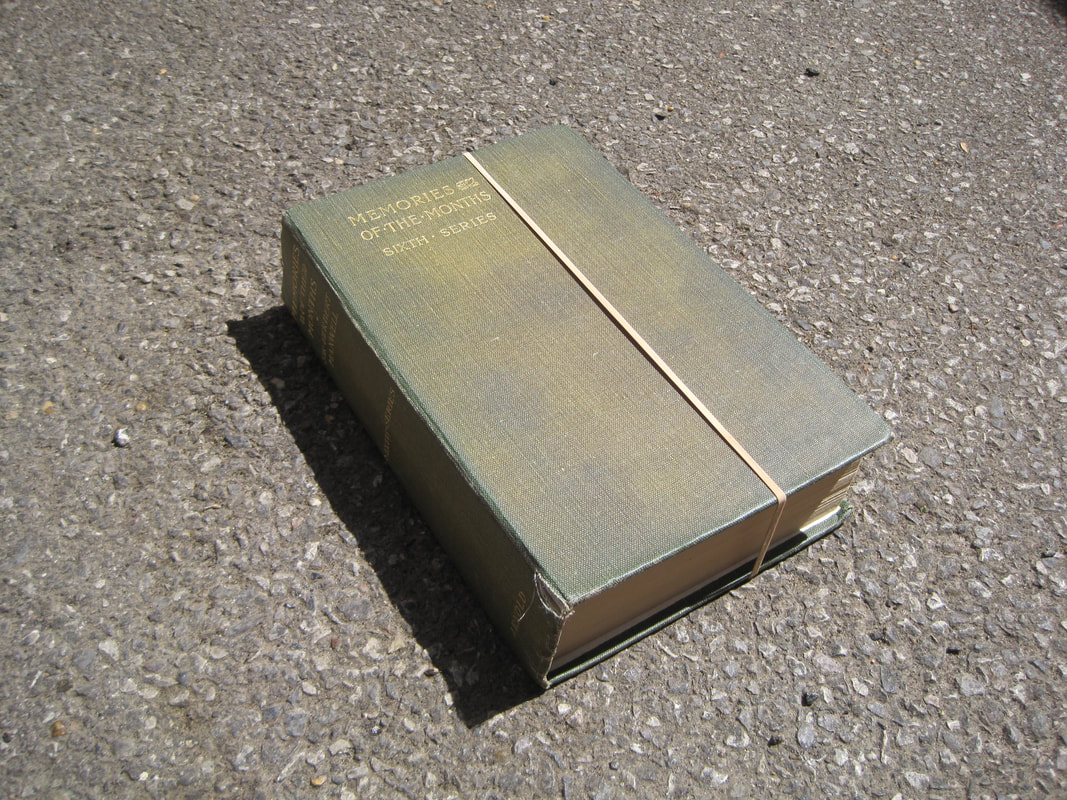 An old-fashioned, worn hardback book with an elastic band around it.  The title is “Memories of the Months”.